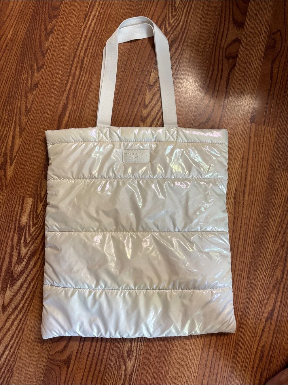 Bath and Bodyworks Iridescent White Puffer Tote Bag with Shoulder Straps.